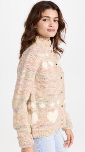 LoveShackFancy Polina Bomber Knit Cardigan Heart Pattern Pockets - Cream Small - Picture 2 of 8