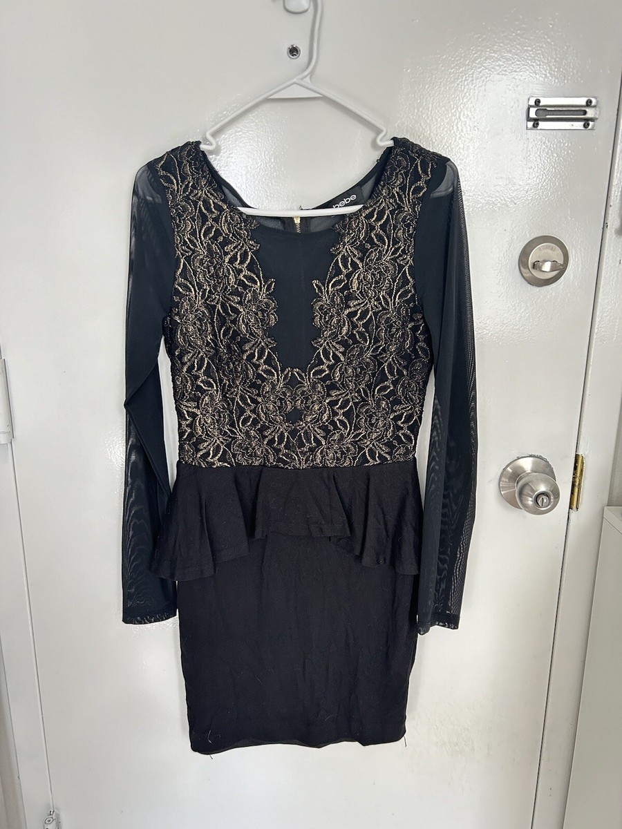 bebe peplum dress Bebe Black Peplum Dress with Gold Lace and Long Sleeves Size medium
