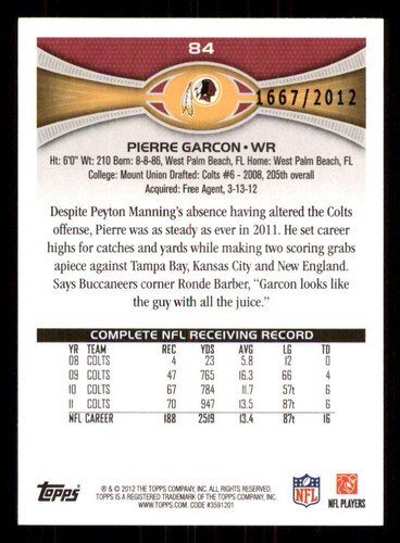 2012 Topps Gold #84 Pierre Garcon /2012 - Picture 2 of 2