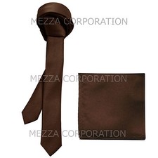 New Vesuvio Napoli Men's 1.5" skinny necktie hankie set solid party brown