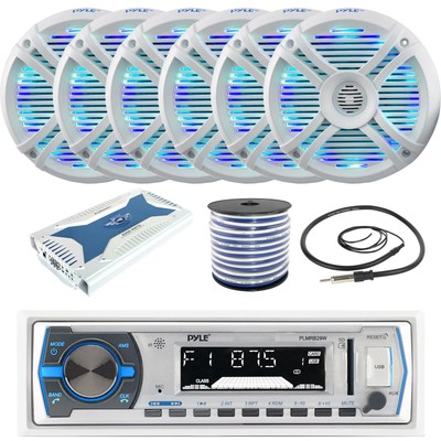 Pyle Single DIN Bluetooth Marine MP3 Receiver, 6x 6.5'' Speakers, 6-CH Amplifier
