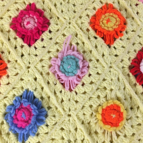 Neon Yellow Crochet Afghan Throw Blanket Hand Crocheted Retro Flowers Floral - Picture 19 of 21