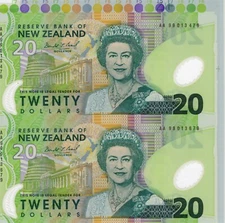 NEW ZEALAND 20 DOLLARS x 2pcs 1999 FALCON  POLYMER UNC NOTE Elizabeth II 1-7