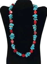 Vtg Turquoise & Red Coral Gemstone Statement Necklace Authentic Estate Find 24"