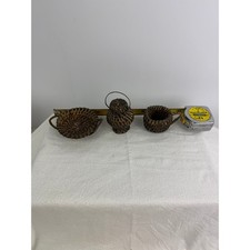 Vintage Miniature Wicker Basket Set 3pc Tiny Woven Tray Lidded Jar Cup Brown
