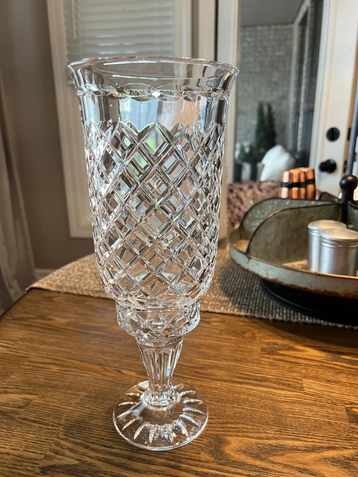 American Brilliant Cut Glass(ABCG) tall hurricane vase with pedestal base