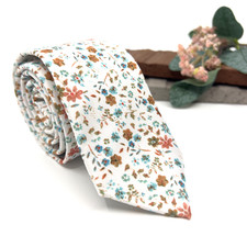 Floral Burnt Orange Neck Tie  Pocket Square Set   Handmade Wedding Necktie