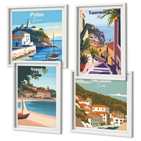Wohnzimmer Poster Set Im Rahmen Illustrationen Von KüStenstäDten Weiß Rahmen