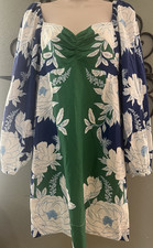 FARM Rio Green Blue White Floral Cotton summer boho Mini Dress M Puff Sleeve