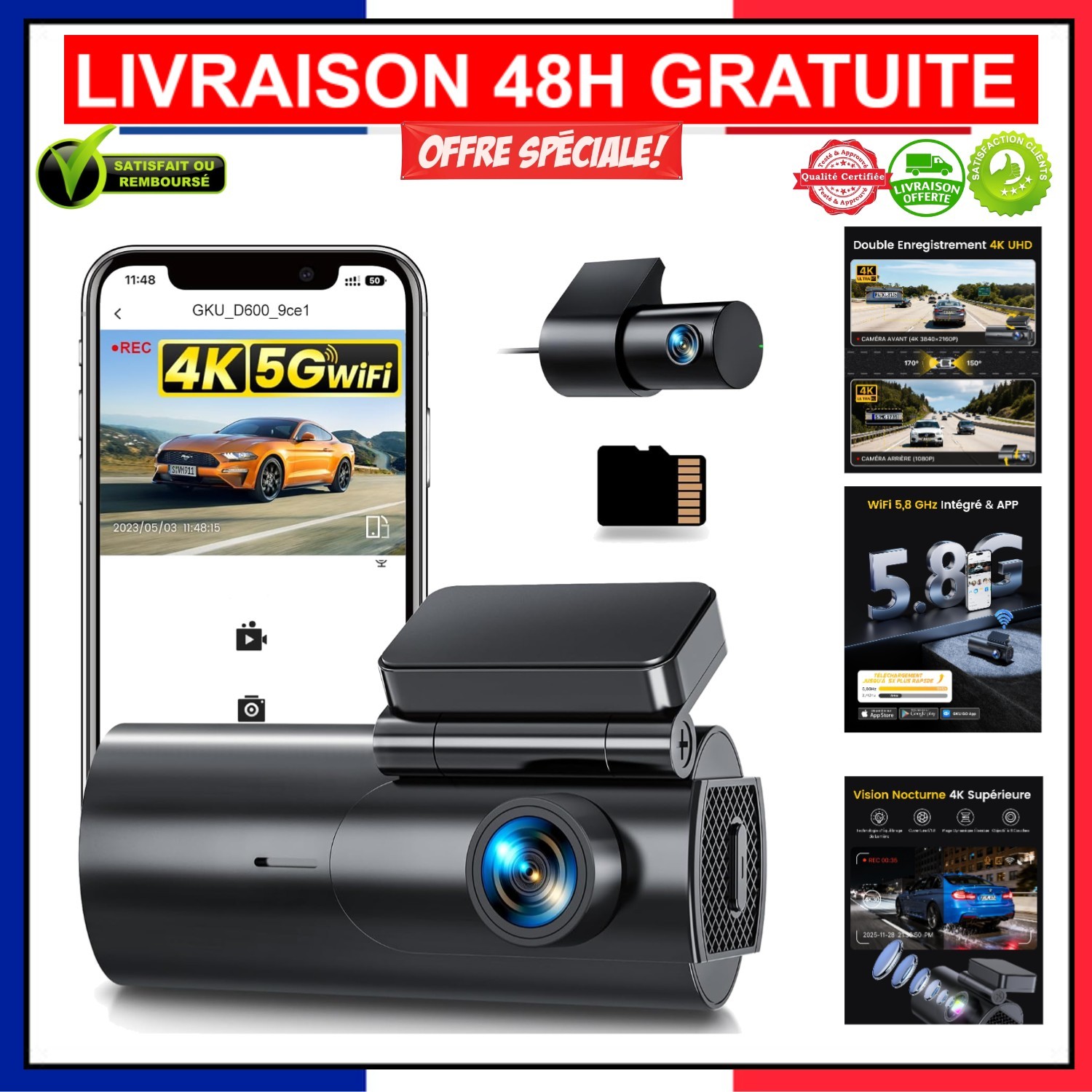 Caméra de surveillance voiture GKU grand angle 170 degrés Wi-Fi