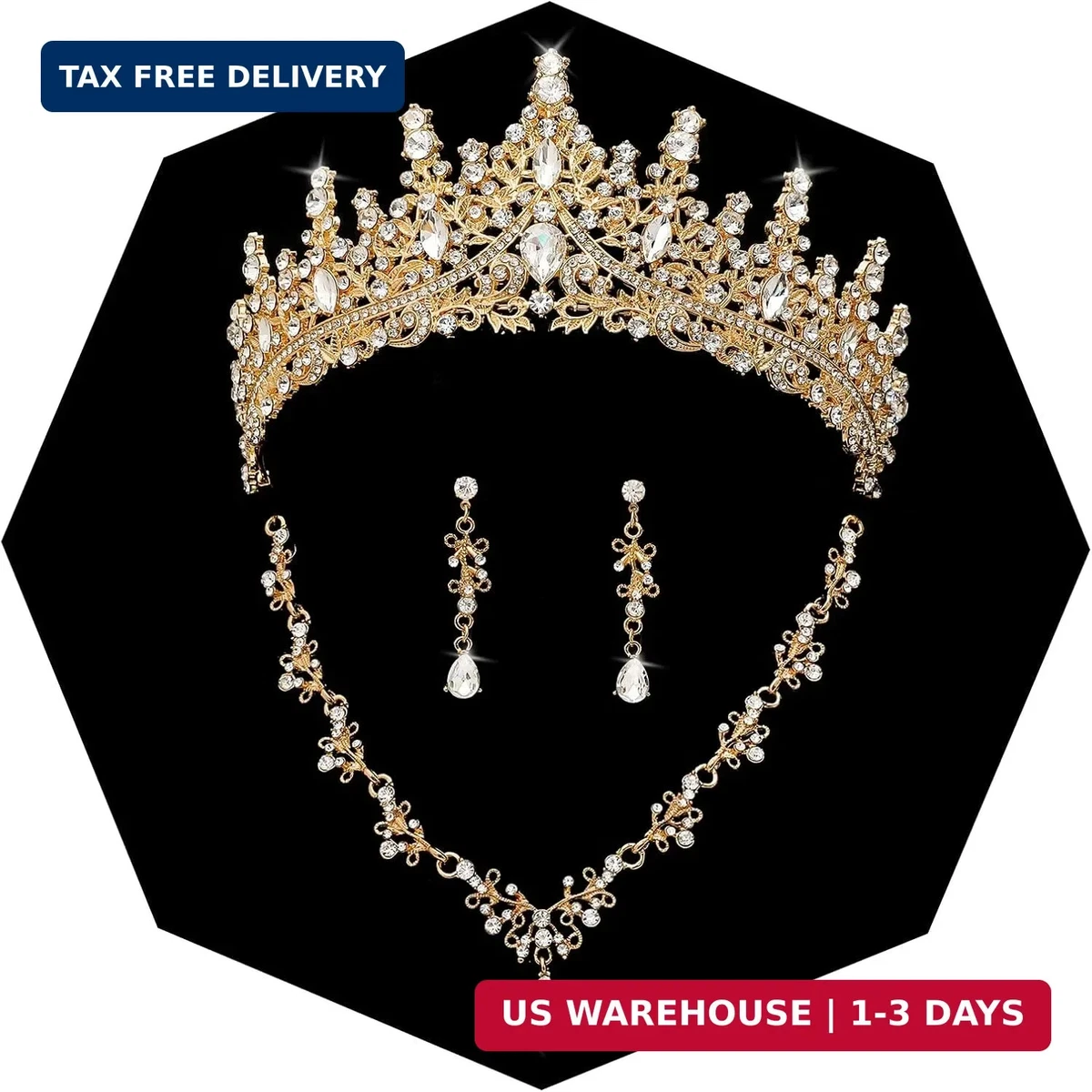 Gold Aurora Crystal Bridal Tiara, Necklace & Earring Set Aurora Luxury Bridal Tiara – Crystal Wedding Crown with Pear  main image 2