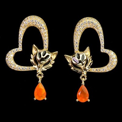 925 Sterling Silver Earrings Pear Orange Opal 6x4mm Gemstone Enamel Fox Jewelry