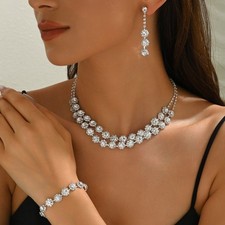 Silver Bridal Necklace Earrings Set Crystal Wedding Jewelry Set Rhinestone UK