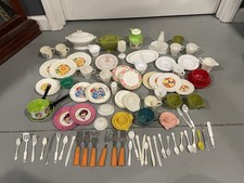 Rare Vintage 70 s Huge Lot Of 50 Toy Kitchen Dishes Plates Silverware More