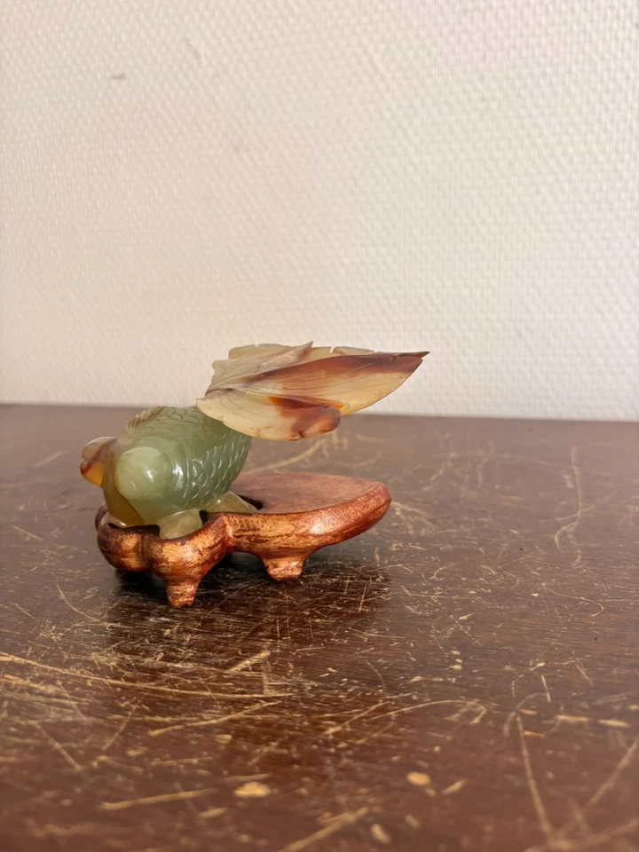 Ancien Poisson Sculpté Pierre de Jade Chine Fait Main - Photo 3/4