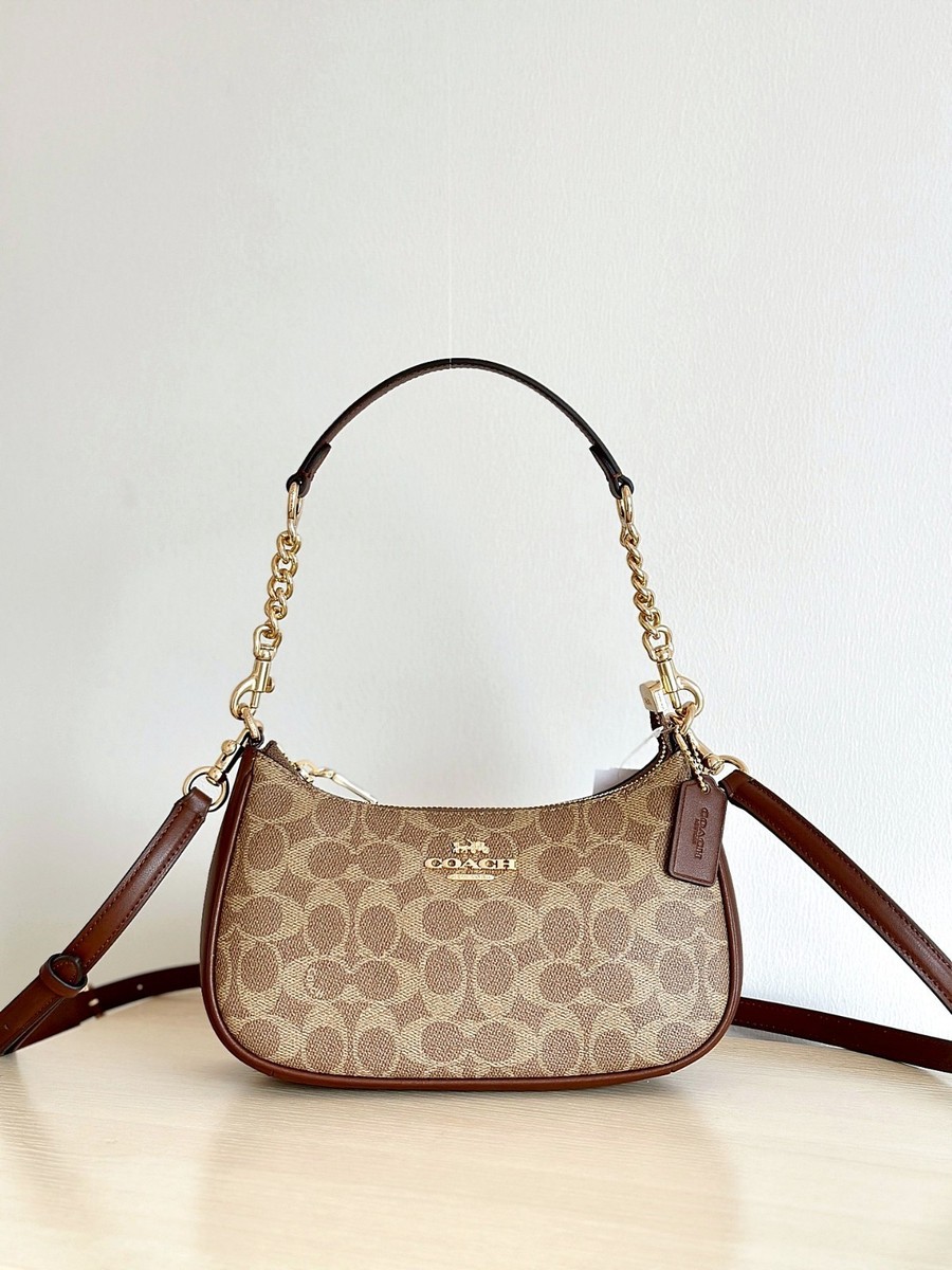 Coach CV933 Brown Teri Shoulder Bag In Signature Canvas FREE