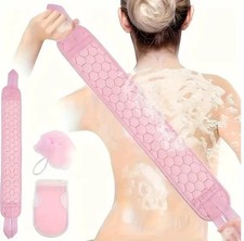 3pc Bath Exfoliating Back Strap Scrub Glove Loofah Set Shower Body Scrubber