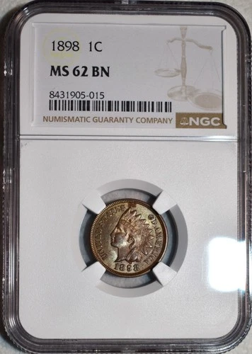 NGC MS-62 BN 1898 Indian Head Cent, Lustrous, Lightly Toned specimen.