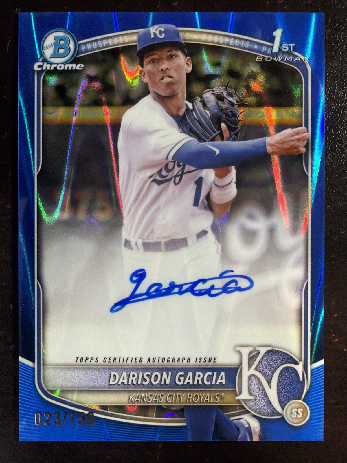 2025 Bowman Chrome 1st Blue Raywave Darison Garcia Auto /150 Kansas City Royals