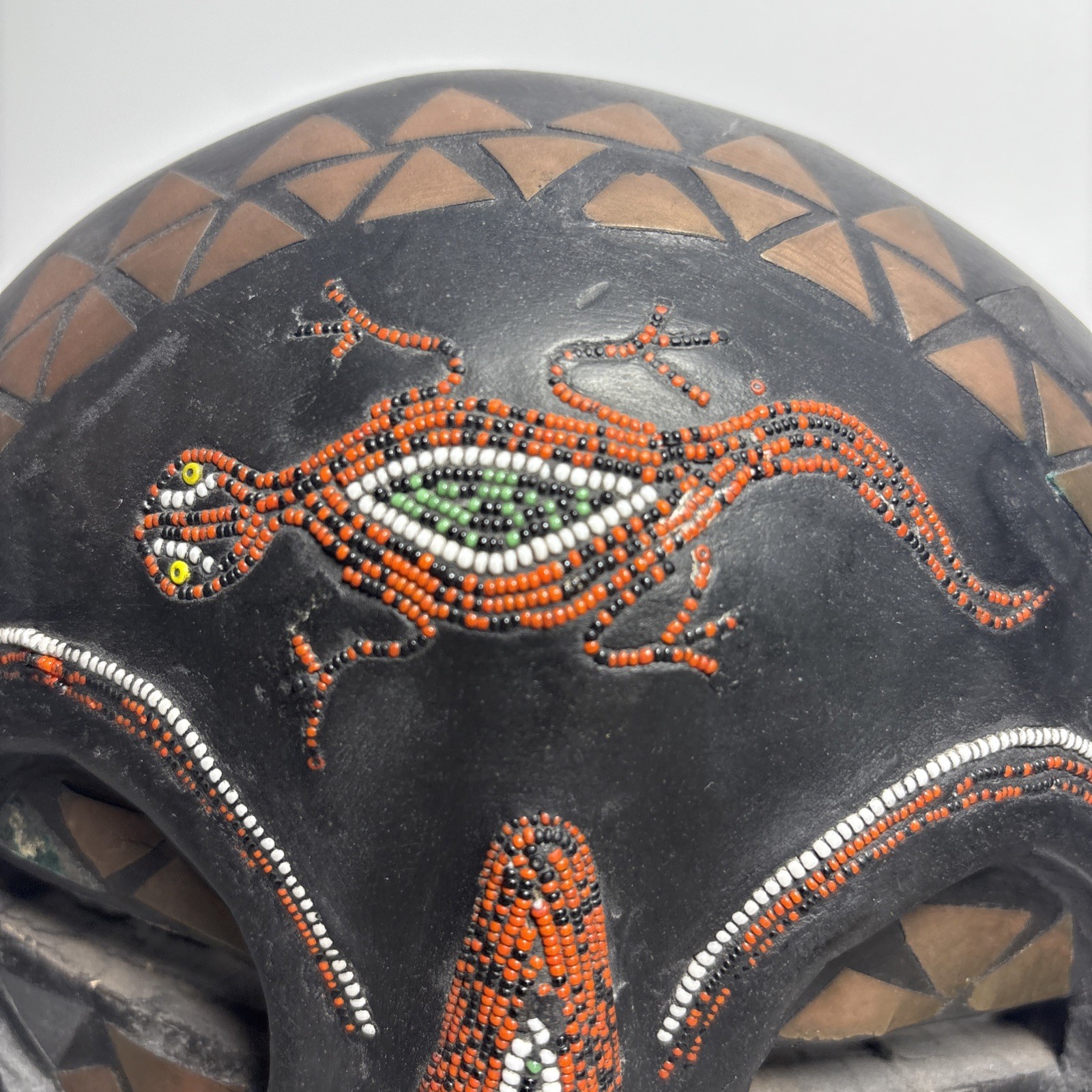 Vintage African Hand Made Carved Round Wood Beaded Tribal Mask W/Stand