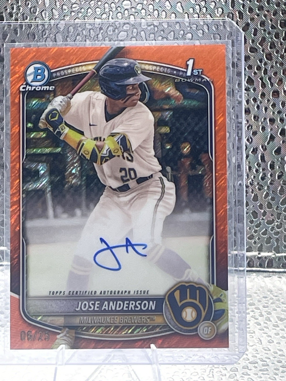 2025 Bowman Chrome Jose Anderson 1st Orange Shimmer Refractor Auto /25 Brewers