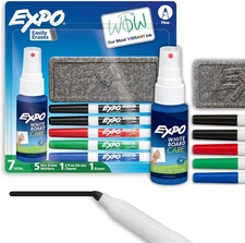 EXPO Low Odor Dry Erase Marker Set with White Board Eraser and Cleaner Fine Tip