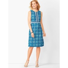 Talbots Medallion Tile Print Sheath Dress Large Blue Green Sleeveless Casual