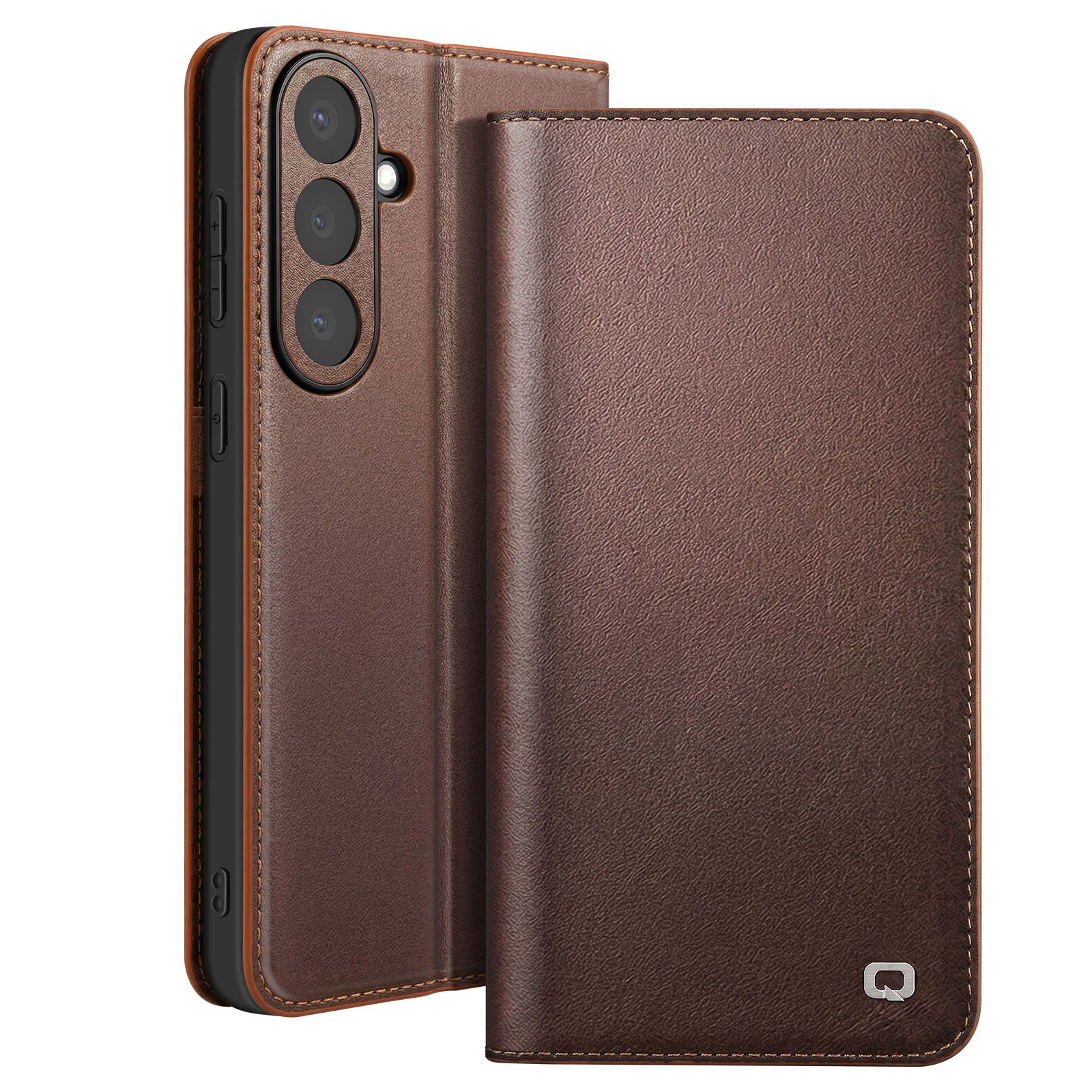 Étui portefeuille Qialino en cuir mat véritable marron pour Galaxy S26