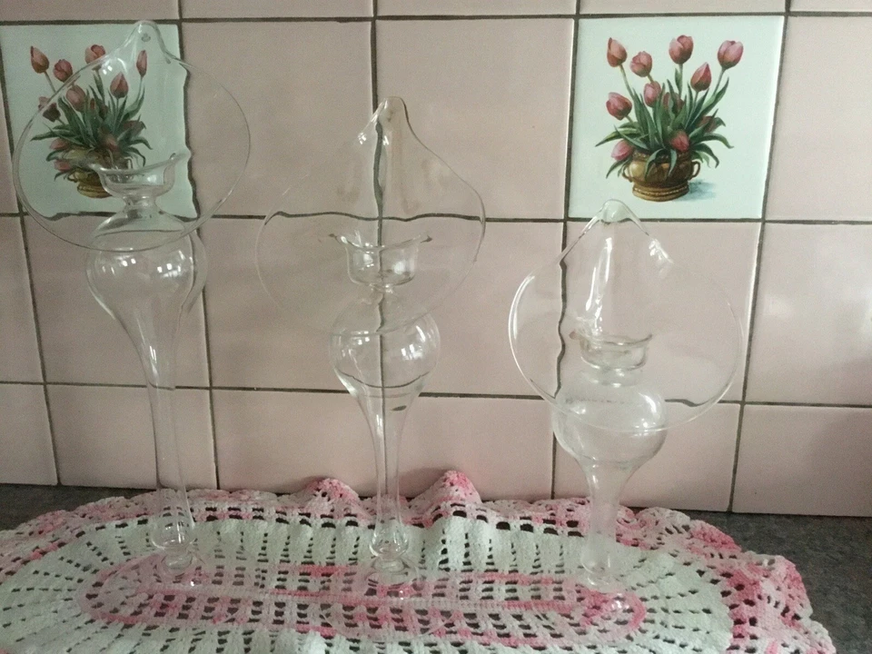 Cascade Candle Stick Holders Clear Glass Hand Blown Big E Set Of Three - Image 3 of 4