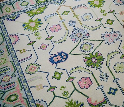 Modern Oushak Hand Knotted 8x10 Floral Rug 100% Wool Ivory Blue for Living Room