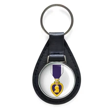 Silver Star Medal Black Leather Keychain Silver Keyring Military Gift