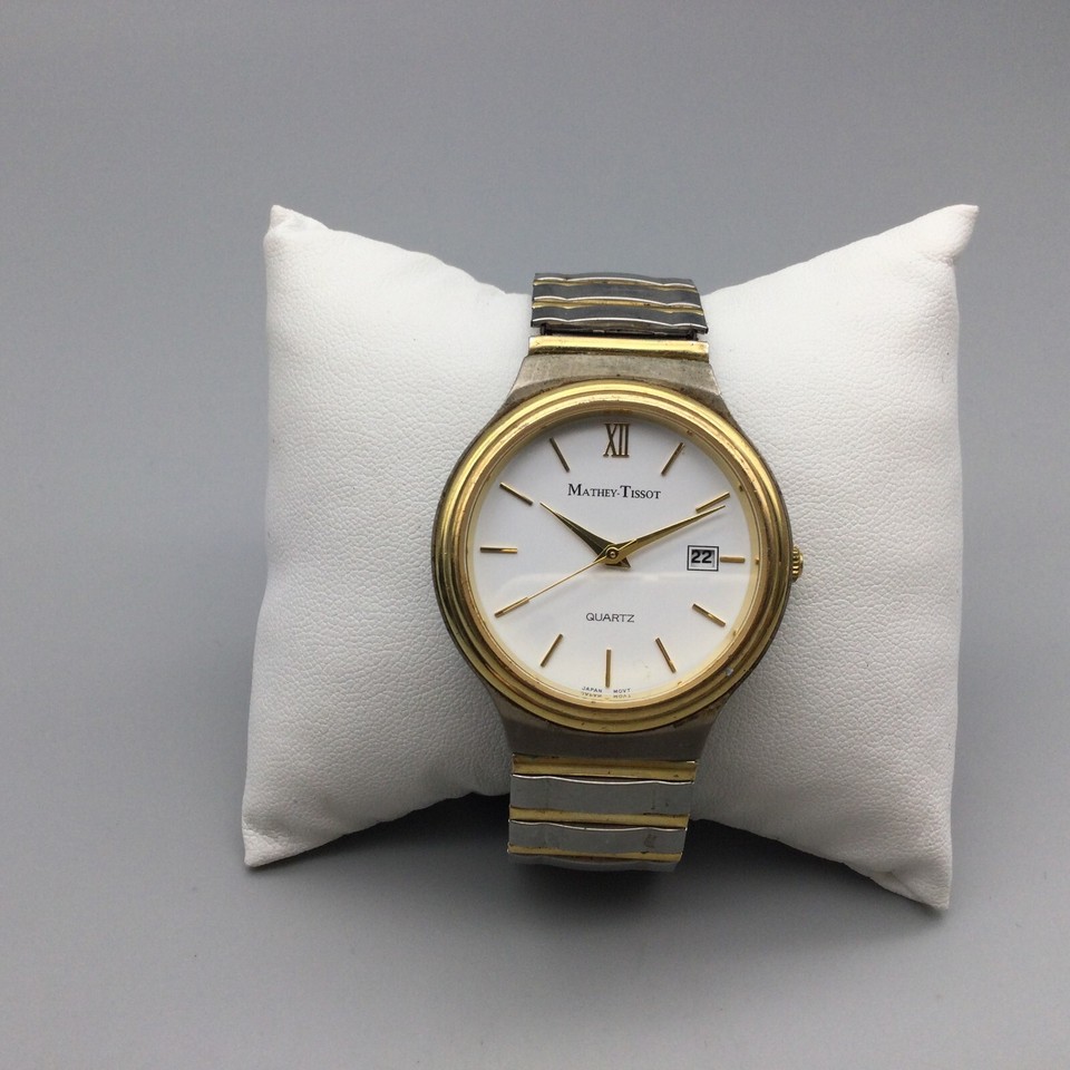 Vtg Mathey Tissot Watch Men 37mm Silver Gold Tone Date Stretch Band New