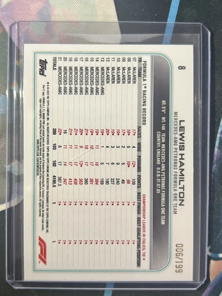 2022 Topps Chrome Formula 1 F1 Lewis Hamilton #8 Purple Checker Flag /199 - Image 2 of 2