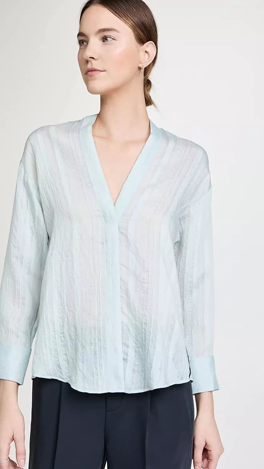 Vince $275 Drapey V Neck Mint Stripe Blouse, Top, S