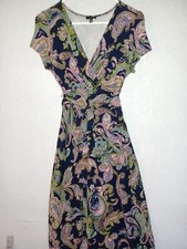 Talbots Women's Wrap Dress Paisley Size S Petite Navy blue Long Rayon Spandex