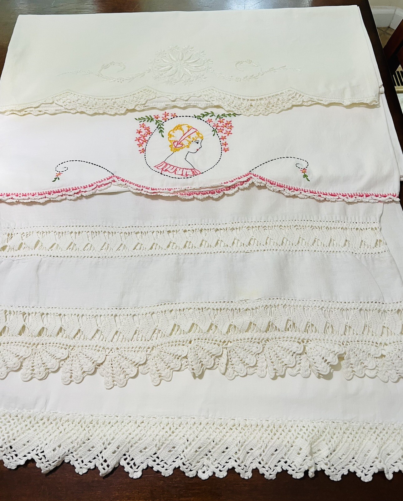 4 Single Vintage Pillowcases Hand Embroidered & Crocheted flowers