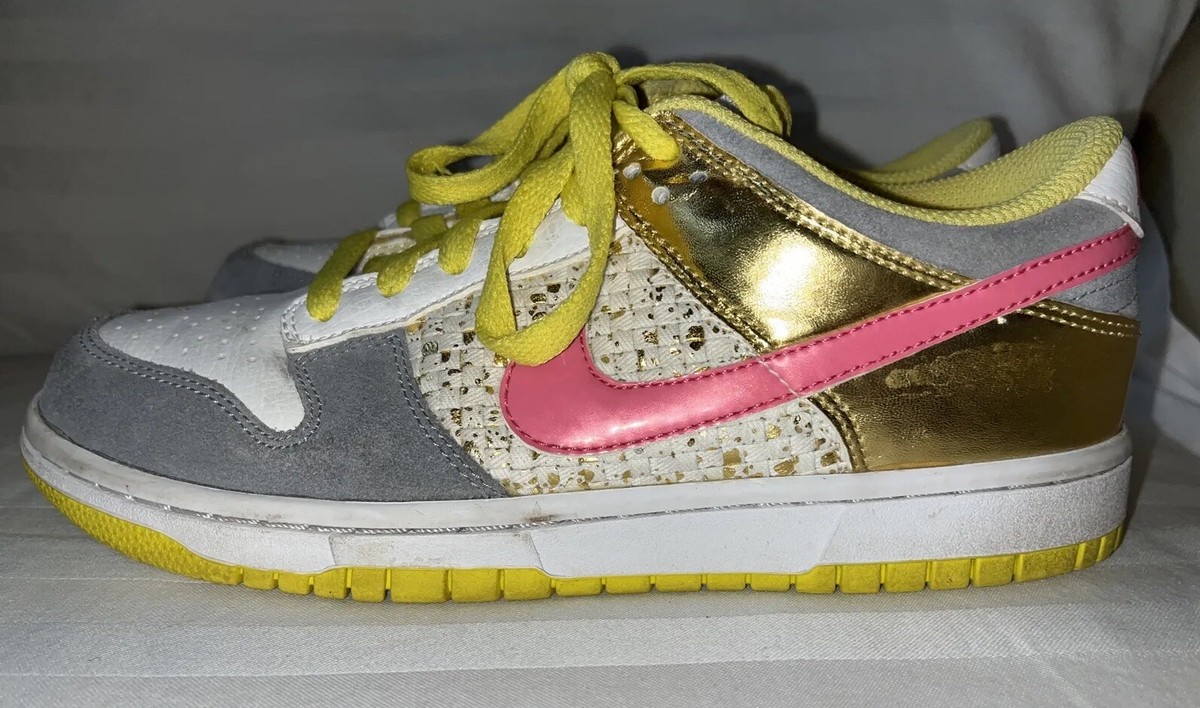 Nike Women's Dunk Low Athletic Shoes Sneakers White/ Gold/Pink
