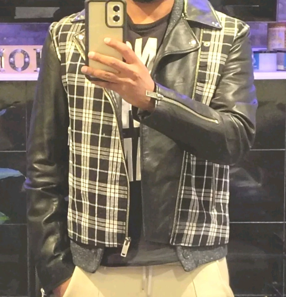 Bolongaro Trevor Kellan check biker LEATHER jacket. Asos & ZARA Man Fit Size M - Image 4 of 4