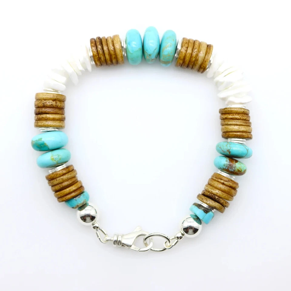 Blue Turquoise Brown Coconut White Seashell 10mm Wavy Disk Chip Beaded Bracelet - Image 3 of 4