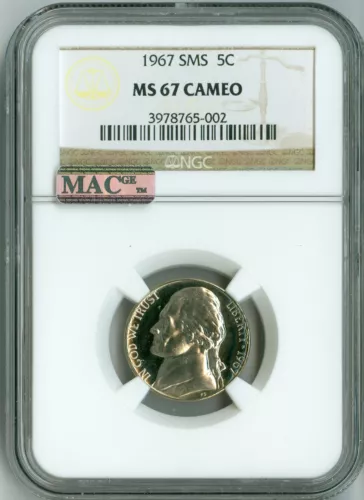 1967 SMS NGC MS67 CAMEO MAC PQ, JEFFERSON NICKEL 5c, BEAUTY, SPOTLESS!