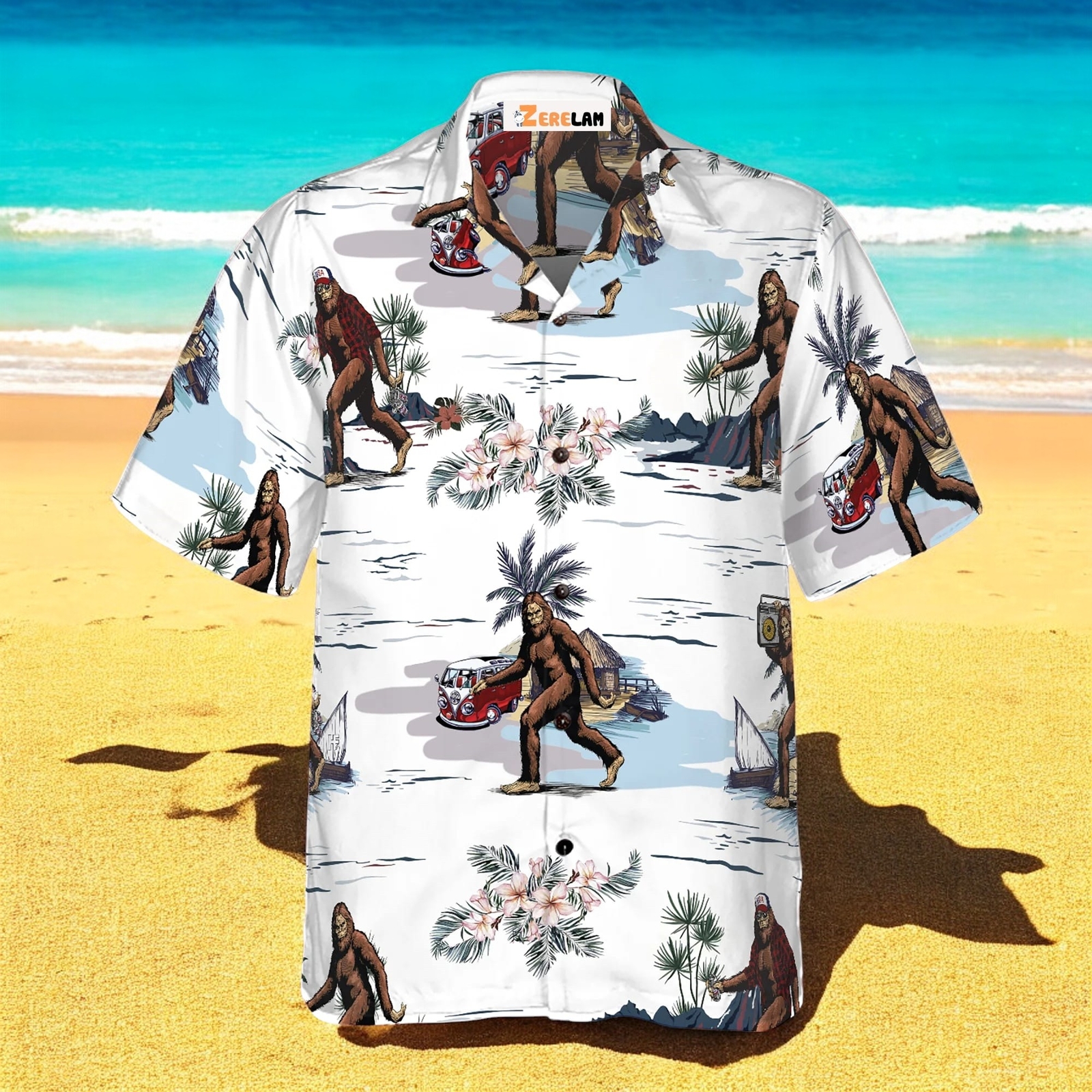 Bigfoots White Tropical Floral Bus Trip Hawaiian Shirt