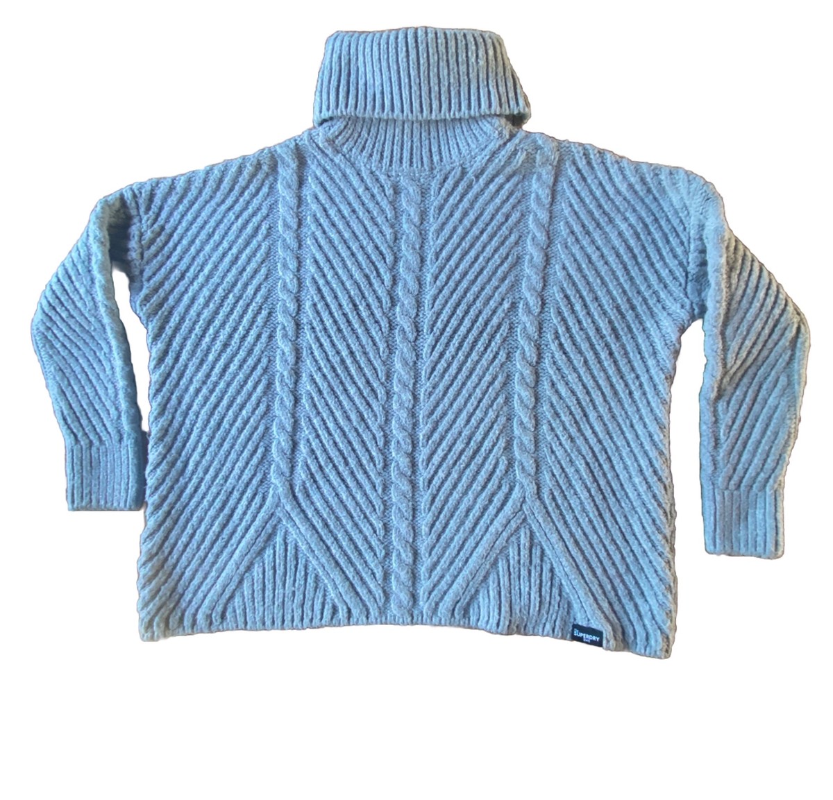 Superdry Chunky Grey Cableknit Roll Neck Jumper Boxy Fit Slim Arms UK