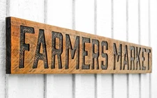 Stained Farmers Market Sign - Carved in a Solid Wood Board Rustic Distressed 