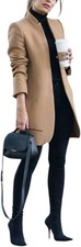 Kwoki Women's Stand Collar Open Front Pea Coat Casual Mid Long Wool Blend Blazer