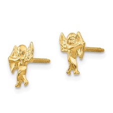 14K Solid Yellow Gold Cupid Angel Stud Earrings 8mm x 7mm - SE320