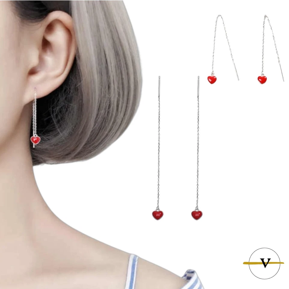 ORECCHINI DONNA LUNGHI CON PENDENTE  A CUORE  IN ARGENTO 925 RODIATO - Immagine 3 di 4