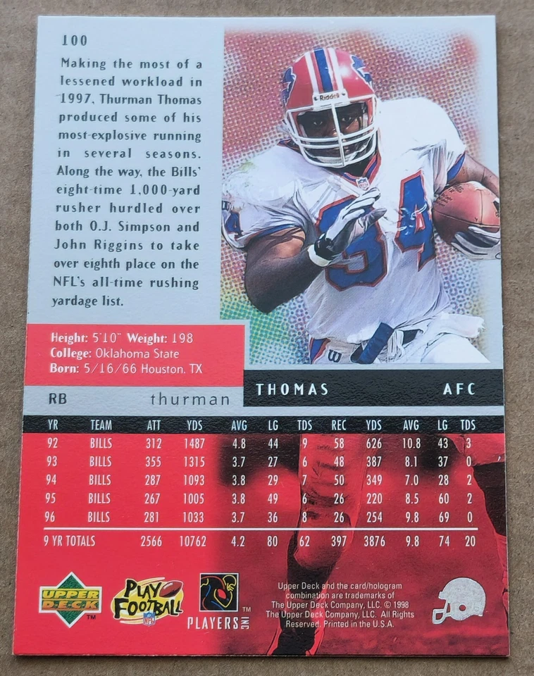 1998 UPPER DECK BLACK DIAMOND THURMAN THOMAS BUFFALO BILLS #100 - Image 2 of 2