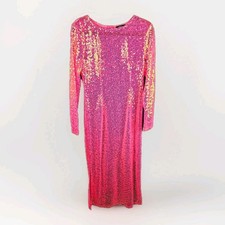Athina Neon Pink Sequin Long Sleeve Maxi Dress Women L Party Gown Sunset