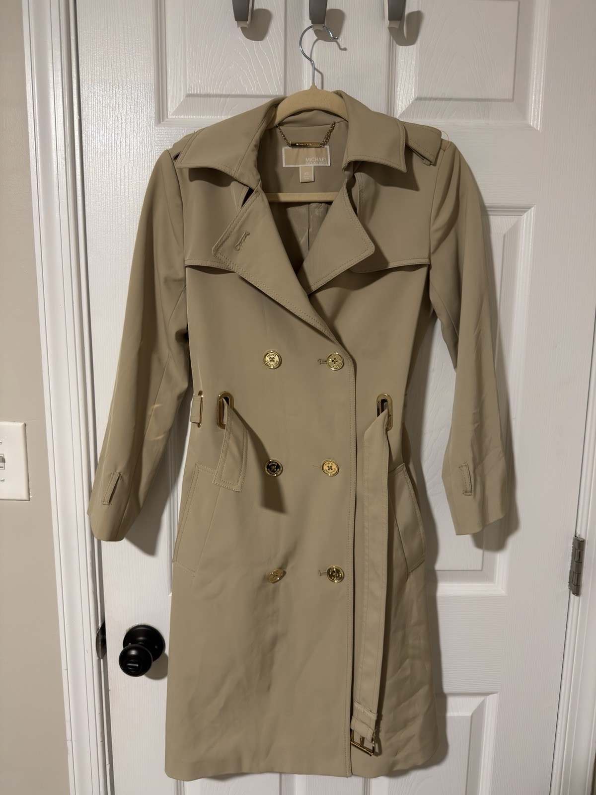Michael Kors Beige Trench Coat XS Long Belted Double Breasted women gold accent