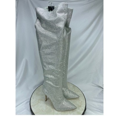 Aldo Rhinestone Over-the-Knee Stiletto Boots Womens 6 Silver Sparkly Pointed Toe